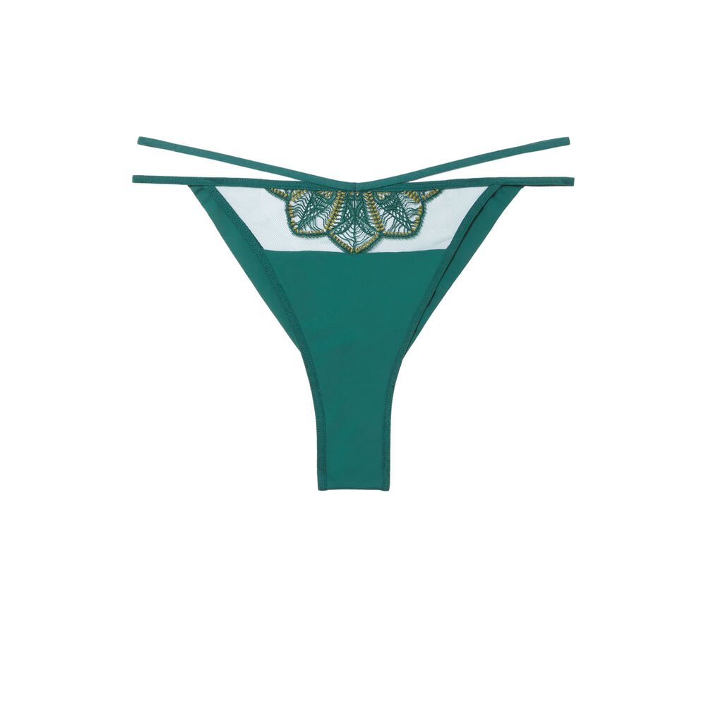 Tanga en mesh et guipure à liens - sapin vert.