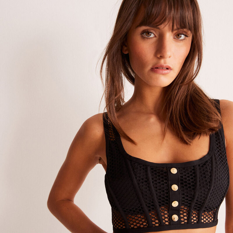 opengewerkte kanten bustier met knoopjes - zwart opengewerkte kanten bustier met knoopjes - zwart;