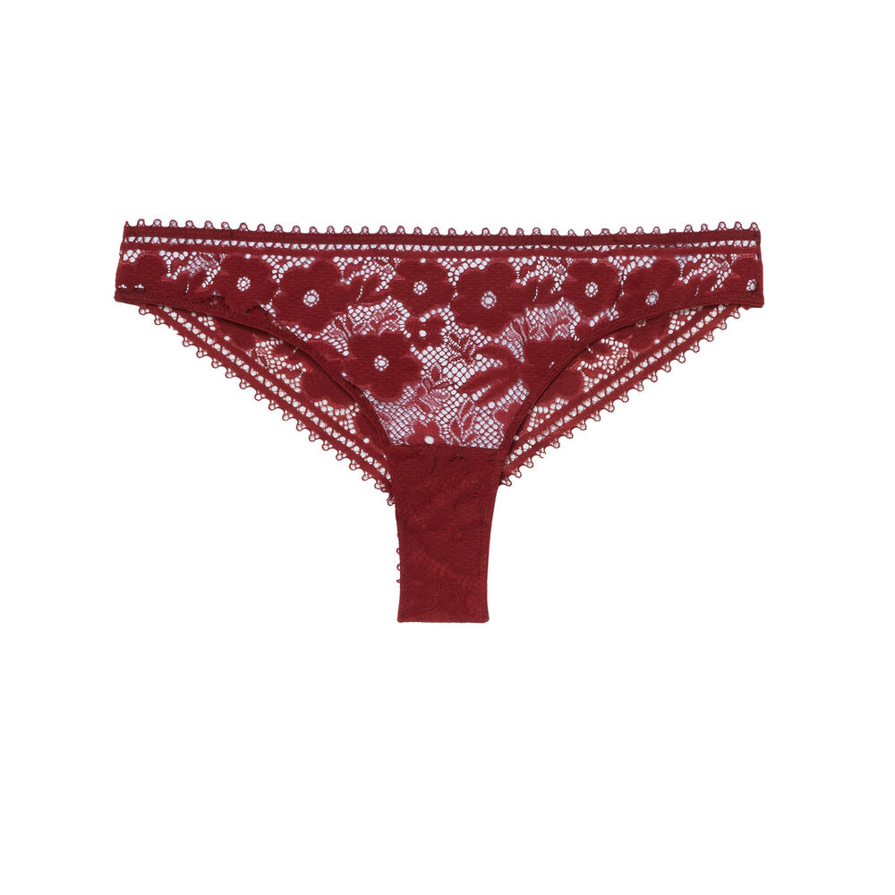 Kanten tanga met frisette band - bordeaux rood.