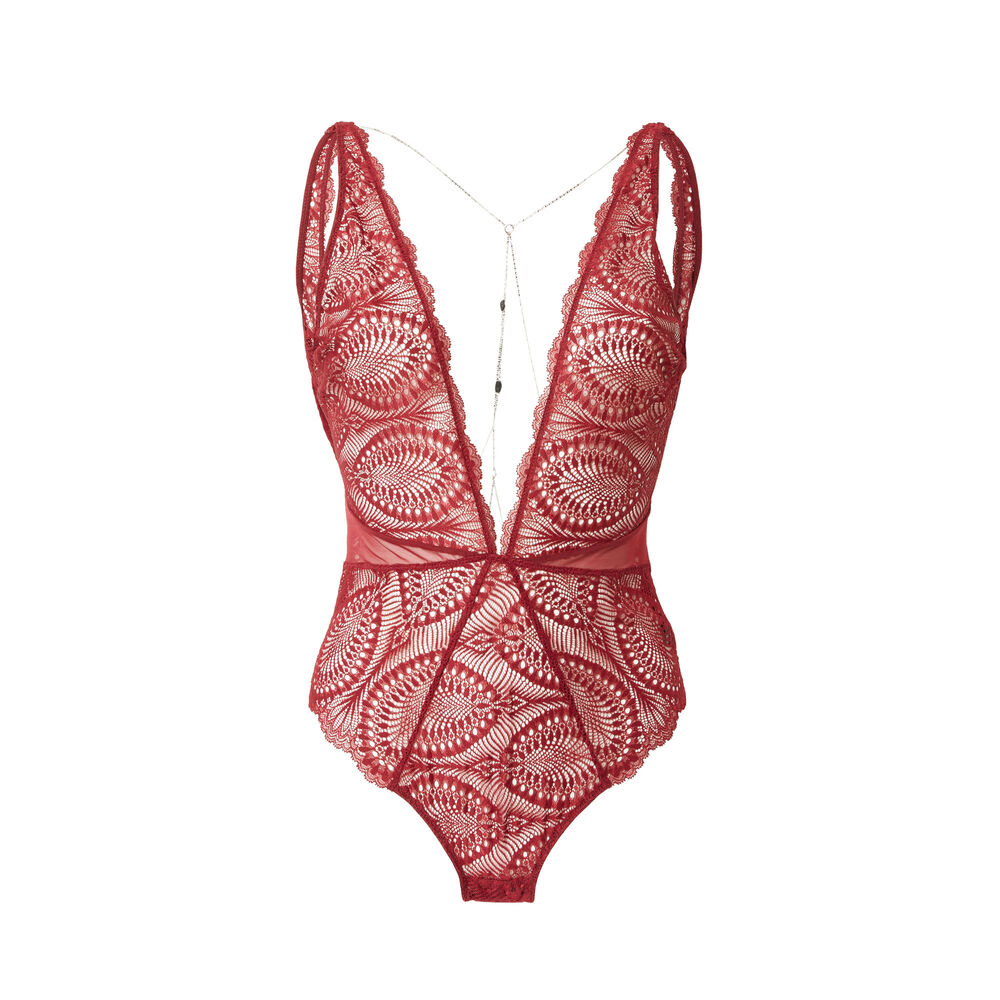 Body in gebladerte kant en sieraadketting op de rug - bordeaux rood.