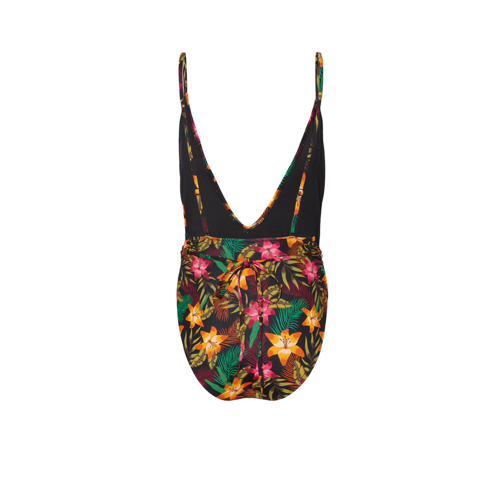 Badpak met tropische print en bandjes - zwart zwart.