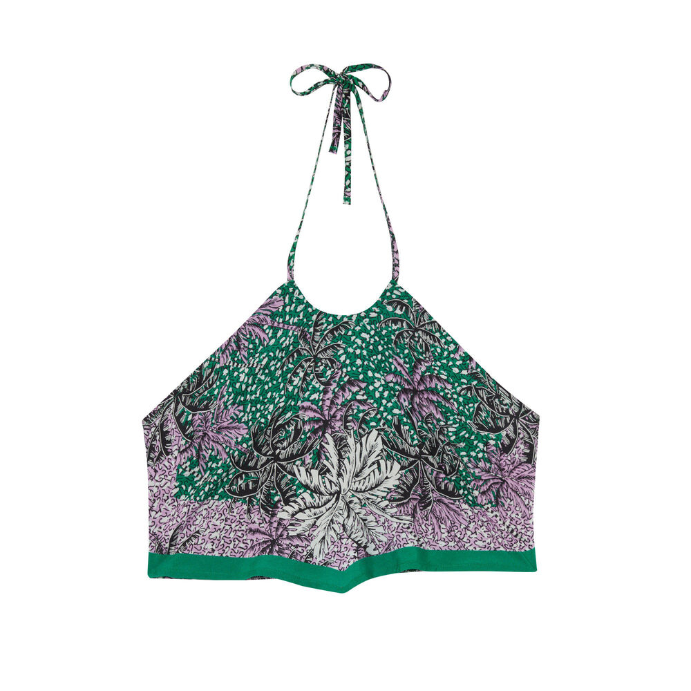 Top met blote rug, foulard-effect en palmbomenmotief - groen groen.