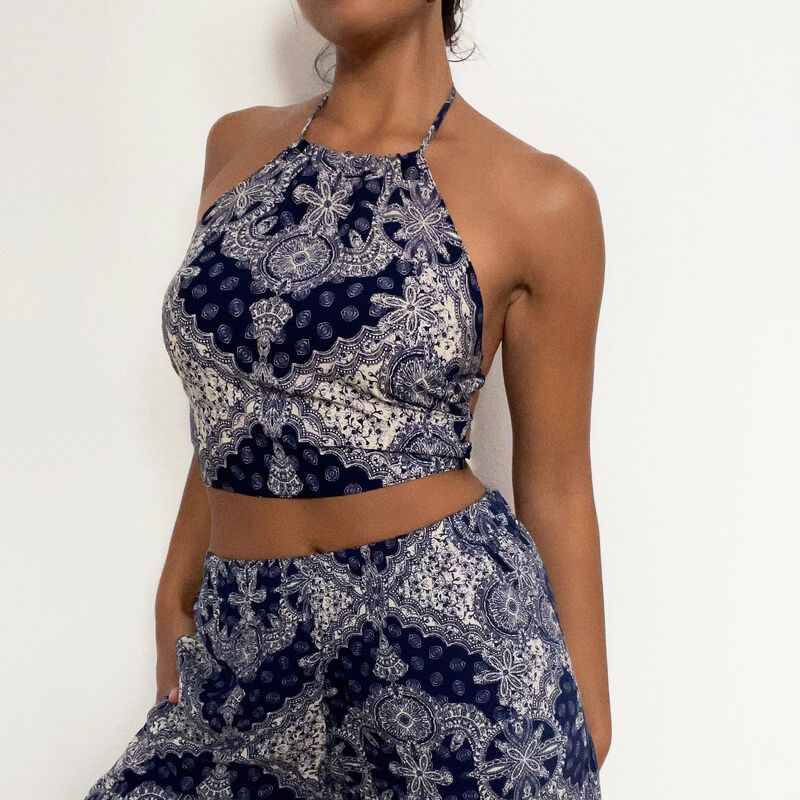 satijnen broek met print - blauw satijnen broek met print - blauw;