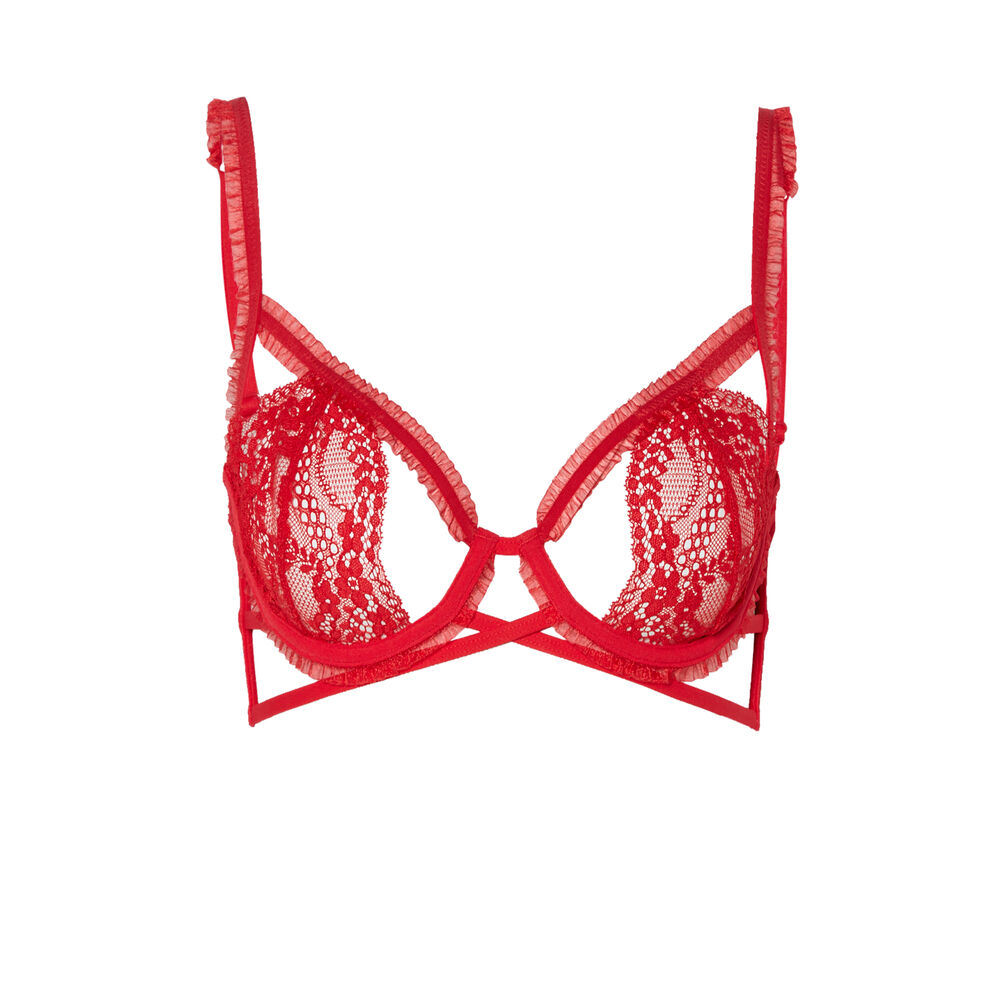 Kanten balconette met plooitjes - rood rood.