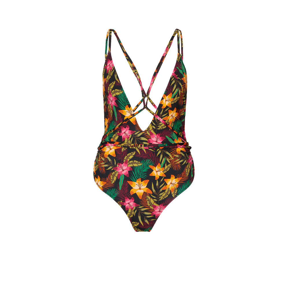 Badpak met tropische print en bandjes - zwart zwart.