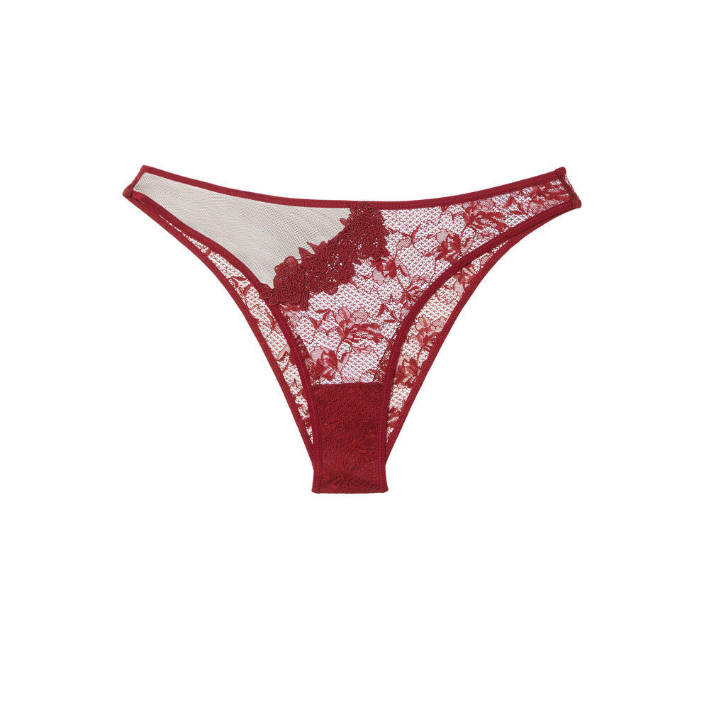 Tanga en mesh et guipure traversante - bordeaux rouge.