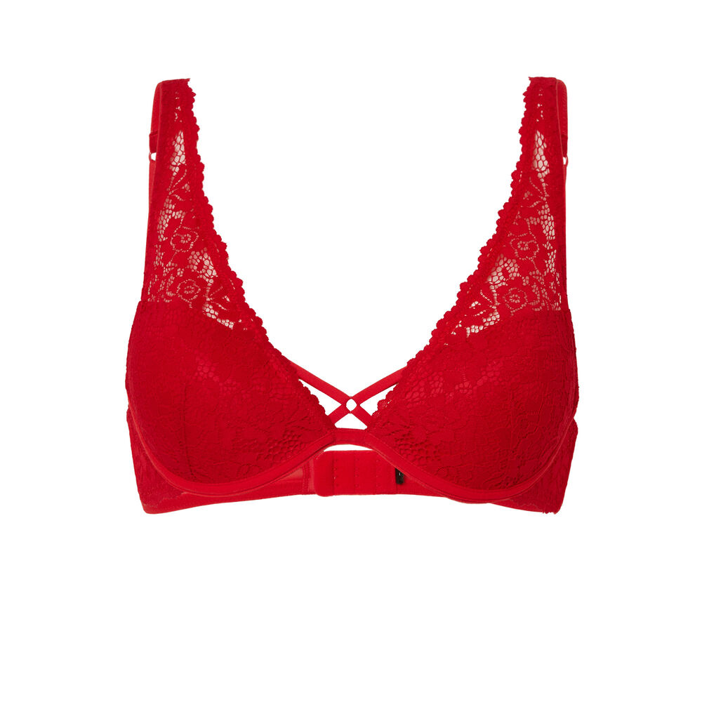 Voorgevormde, fleurige kanten foulard-beha - rood rood.