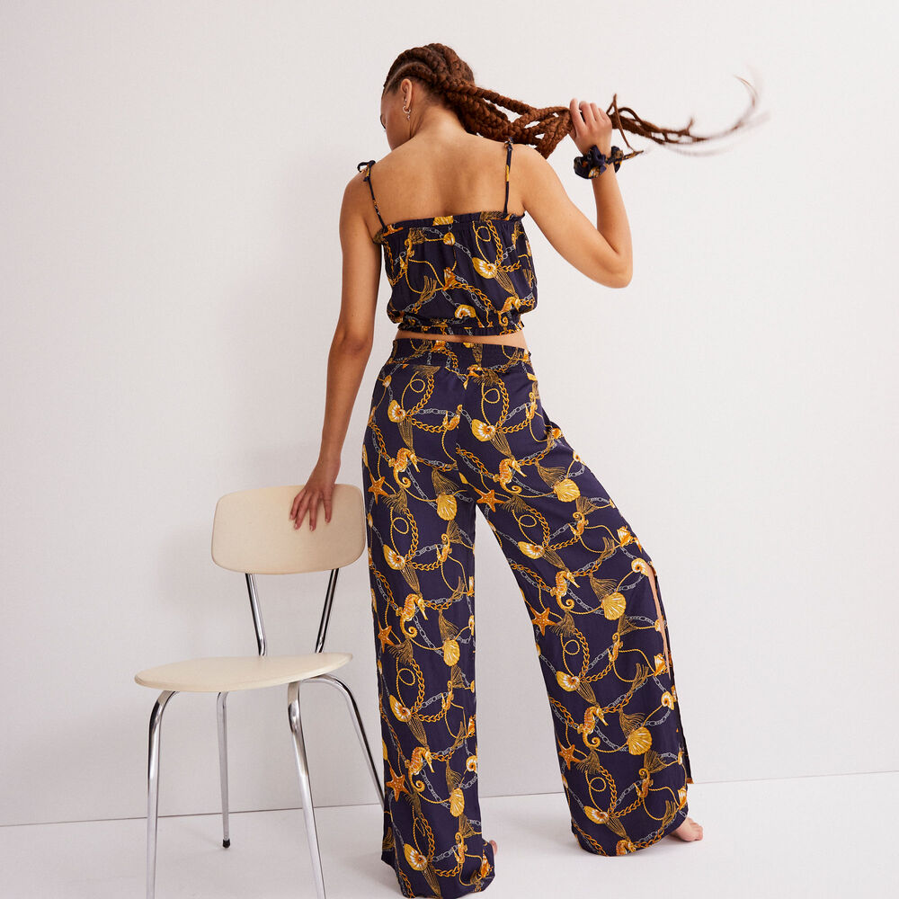 Top froncé imprimé chaines et coquillages avec chouchou - bleu bleu.