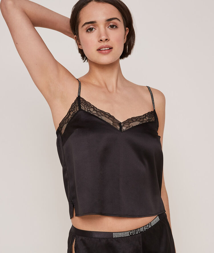 Top met fijne satijnen bandjes blingbabiz zwart.