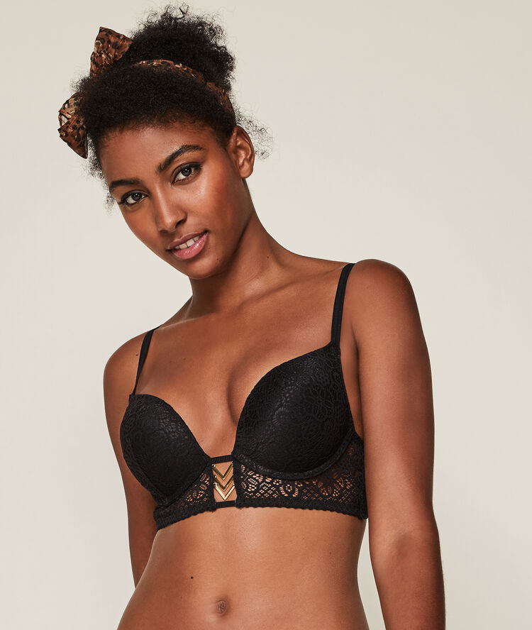 Soutien-gorge bustier push en dentelle détail bijou ethnobiz noir.