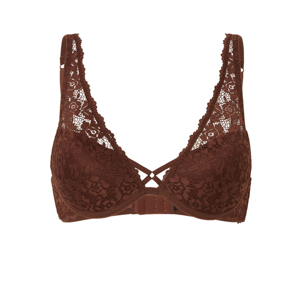 Voorgevormde, fleurige kanten foulard-beha - bruin bruin.