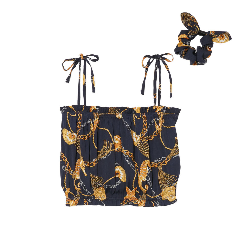 Top froncé imprimé chaines et coquillages avec chouchou - bleu bleu.