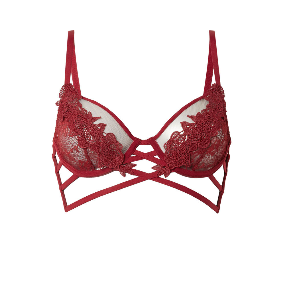 Soutien-gorge en mesh et guipure détail corset ajouré - bordeaux rouge.