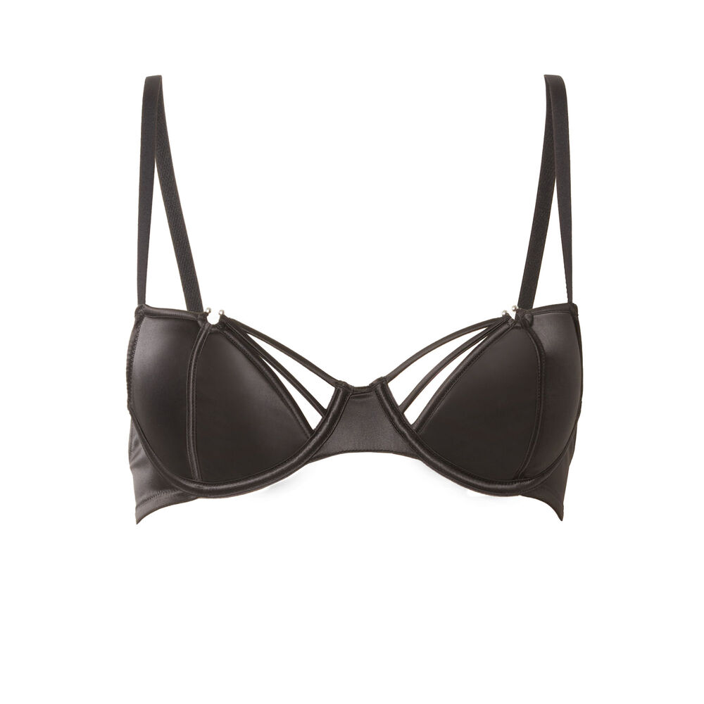 Satijnen half cup bh met "piercing" sieraden - zwart zwart.